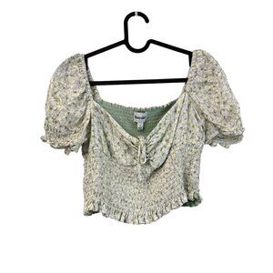 Sun Deh Green Floral Puff Sleeve Smocked Waist Cropped Blouse Womens Small